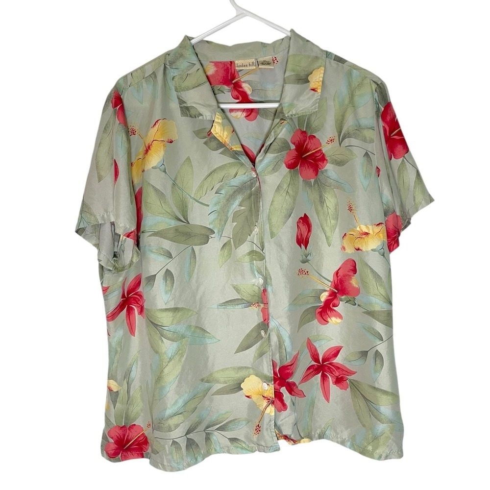Linden Hill XL Sage Green Silk Button‎ Up Shirt Tropical Floral Short Sleeve
